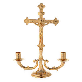 Candelabra two branched in golden brass double Cross 25x30x10 cm