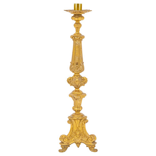 Set of Baroque candlesticks and cross,  satin brass finish, 28 in 4
