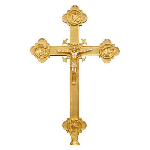 Conjunto candelabros e cruz estilo barroco acabamento em latão acetinado 70 cm 3