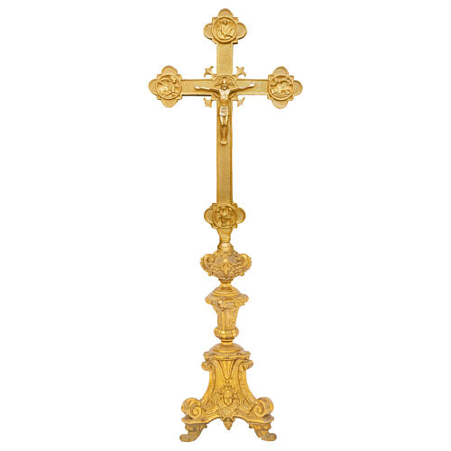 Baroque style candlestick and cross set satin brass finish, 70 cm 2