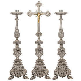 Set candelieri e croce stile barocco fusione in bronzo finitura argentata 70 cm