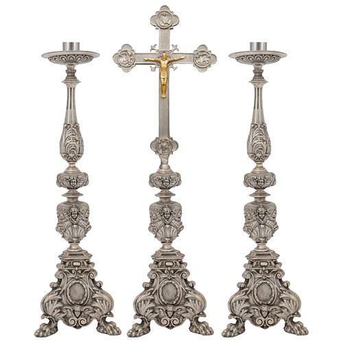 Set candelieri e croce stile barocco fusione in bronzo finitura argentata 70 cm 1