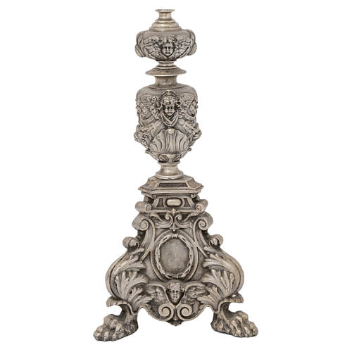 Conjunto castiçais e cruz estilo barroco fundição em bronze acabamento prateado 70 cm 4