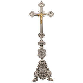 Set de candélabres et croix style baroque en fonte de bronze avec finition argentée 120 cm
