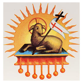 Decalcomania for Paschal candle with resurrected lamb.