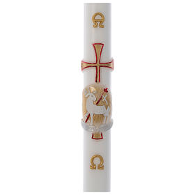 Paschal candle in white wax with gold and red lamb and cross 8x120cm