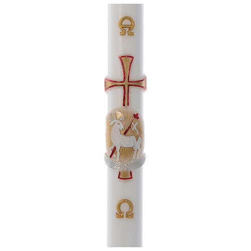 Paschal candle in white wax with gold and red lamb and cross 8x120cm 1