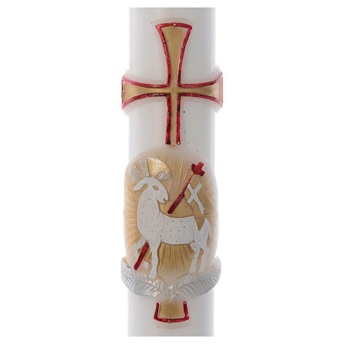 Paschal candle in white wax with gold and red lamb and cross 8x120cm 2