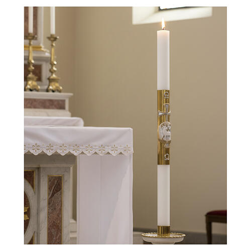 Paschal candle in white wax with lamb and golden cross 8x120cm 2