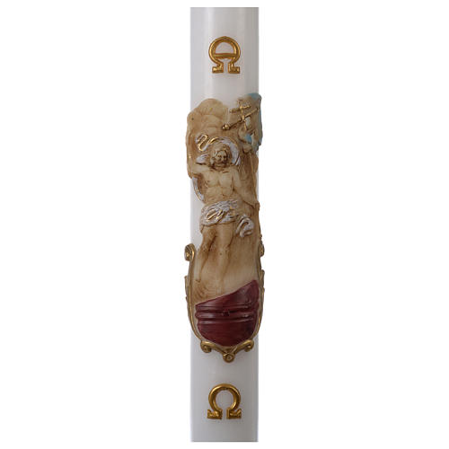 Paschal candle in white wax with support and painted Resurrected Christ 8x120cm 1