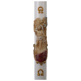 Paschal candle in white wax with support and painted Resurrected Christ 8x120cm