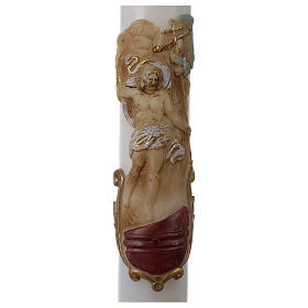 Paschal candle in white wax with support and painted Resurrected Christ 8x120cm
