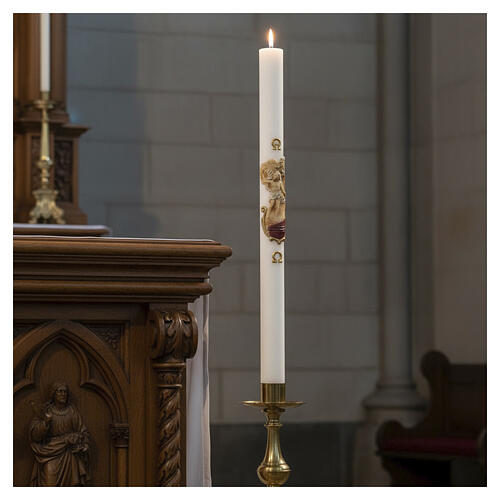 Paschal candle in white wax with support and painted Resurrected Christ 8x120cm 2