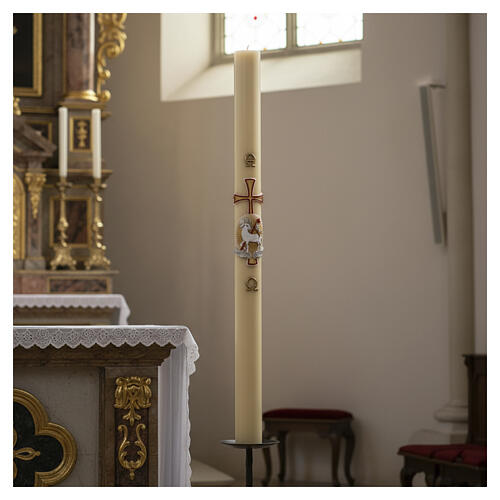 Paschal candle in beeswax with support and red and gold Lamb and cross 8x120cm 2