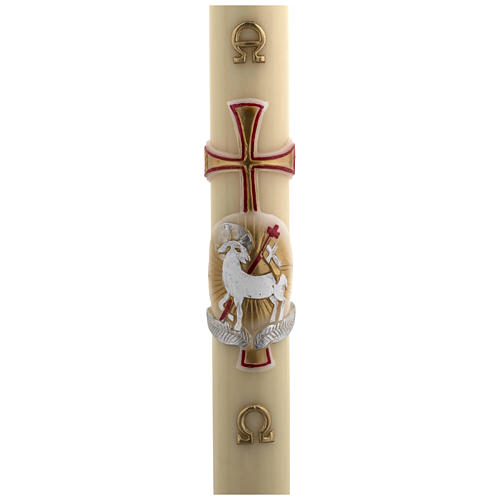 Paschal candle in beeswax with support and red and gold Lamb and cross 8x120cm 1
