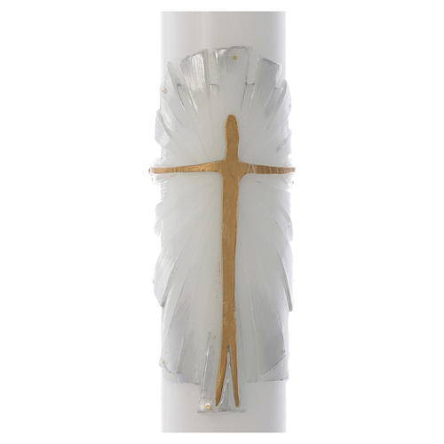 Osterkerze aus weißem Wachs mit VERSTÄRKUNG Motiv auferstandener Christus Weiß und Silber 8x120cm 2