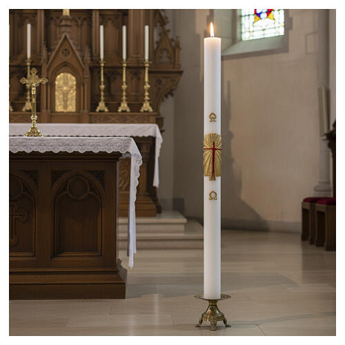 Paschal candle in white wax with support and golden Resurrected Christ 8x120cm 2