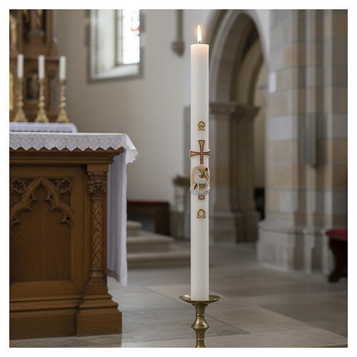 Osterkerze Wachs mit EINLAGE Agnus Dei und Kreuz 8x120cm rot und gold 2