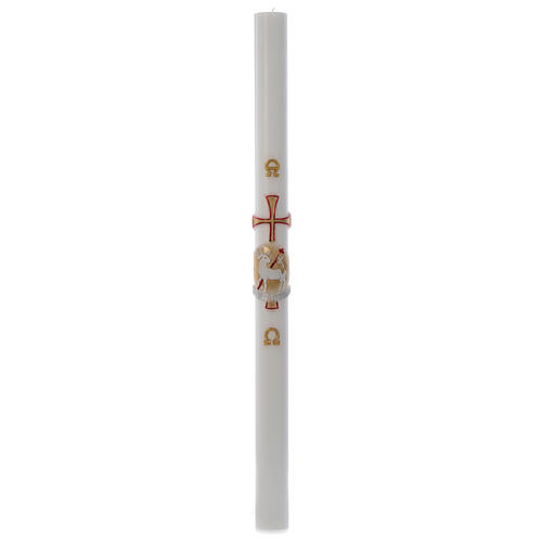 Paschal candle in white wax with red and gold lamb 8x120cm 3