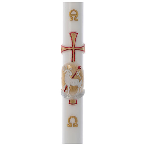 Paschal candle in white wax with red and gold lamb 8x120cm 1