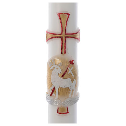 Paschal candle in white wax with red and gold lamb 8x120cm 2
