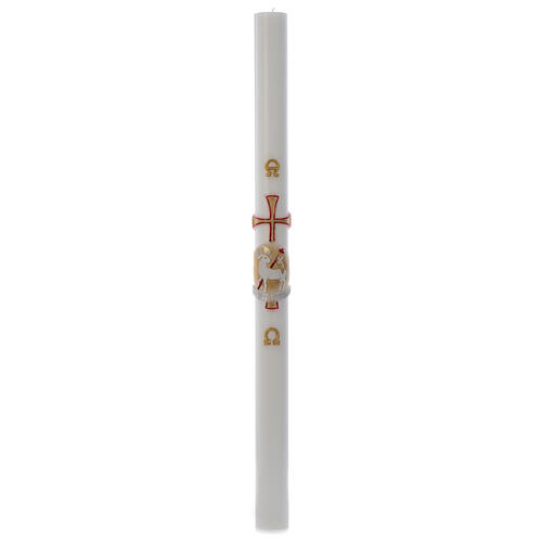 Paschal candle in white wax with red and gold lamb 8x120cm 4