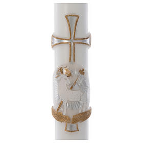 Paschal candle with support in white wax with lamb and silver cross 8x120cm