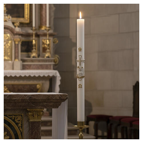 Paschal candle with support in white wax with lamb and silver cross 8x120cm 2
