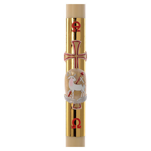 Easter candle with support in white wax with lamb and gold cross 8x120cm 1