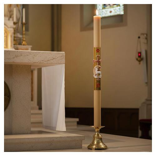 Easter candle with support in white wax with lamb and gold cross 8x120cm 2