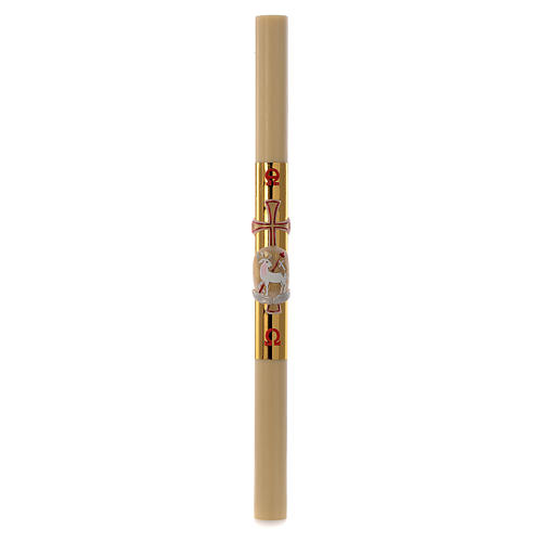 Easter candle with support in white wax with lamb and gold cross 8x120cm 3