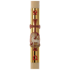 Círio Pascal COM REFORÇO Cordeiro e Cruz Vermelha Fundo Dourado com Cera de Abelha 8x120 cm