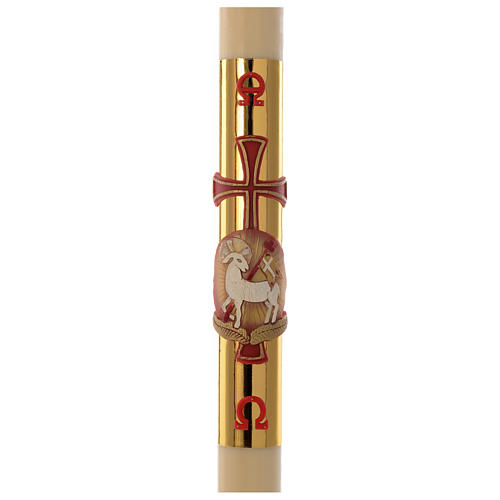 Círio Pascal COM REFORÇO Cordeiro e Cruz Vermelha Fundo Dourado com Cera de Abelha 8x120 cm 1