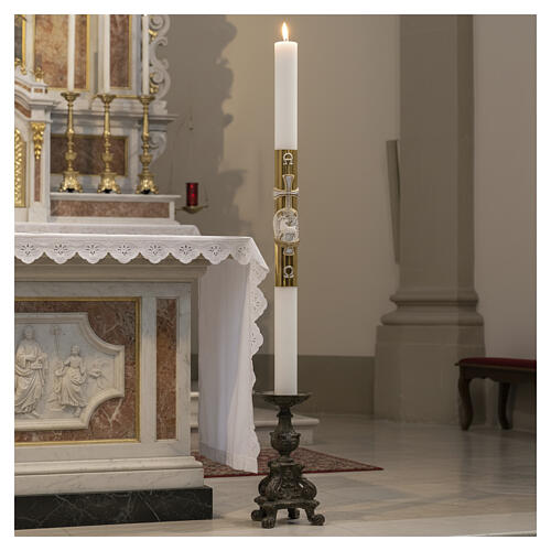White Easter candle with support with lamb and gold cross 8x120cm 2