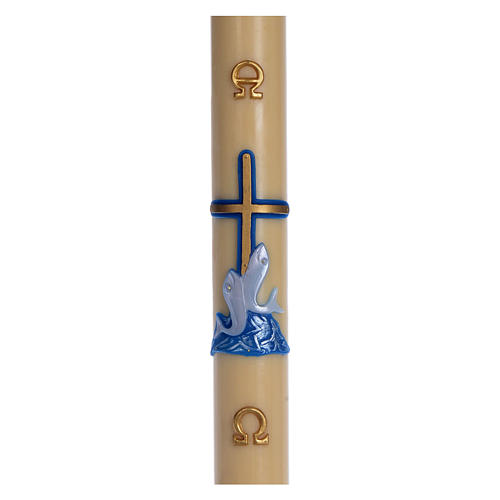 Paschal candle in beeswax with blue cross and fish 8x120cm 1
