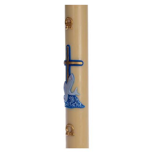 Paschal candle in beeswax with blue cross and fish 8x120cm 4