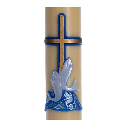 Paschal candle in beeswax with blue cross and fish 8x120cm 2