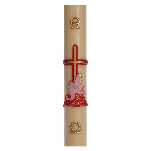Paschal candle in beeswax with red cross and fish 8x120cm 1