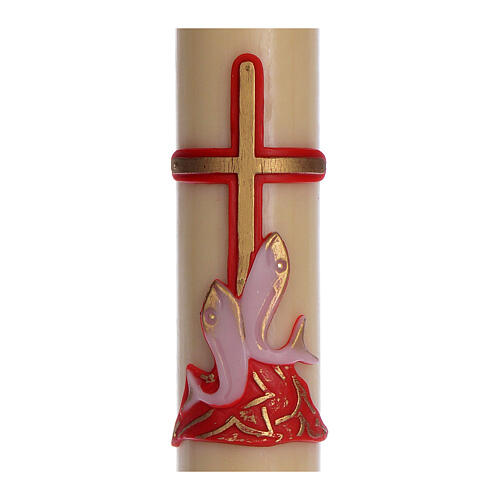 Paschal candle in beeswax with red cross and fish 8x120cm 3