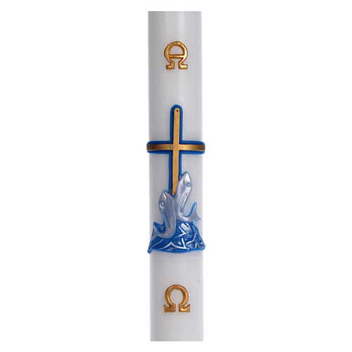 Paschal candle in white wax with blue cross and fish 8x120cm 1