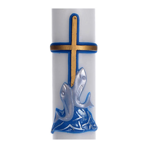 Paschal candle in white wax with blue cross and fish 8x120cm 2