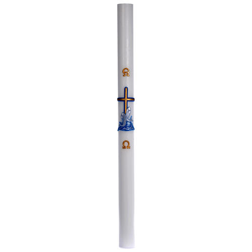 Paschal candle in white wax with blue cross and fish 8x120cm 3