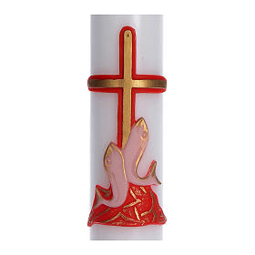 Paschal candle in white wax with red cross and fish 8x120cm