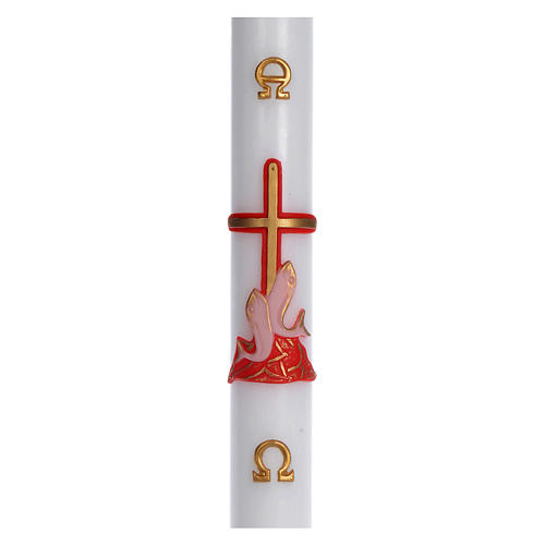 Paschal candle in white wax with red cross and fish 8x120 cm 1