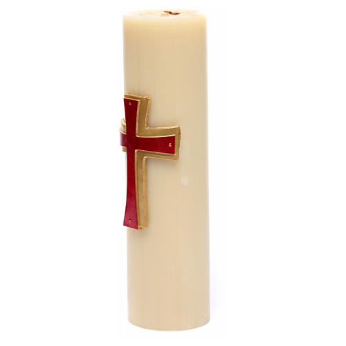 Cierge pour autel bas-relief cire abeille croix rouge diam 8 cm 2