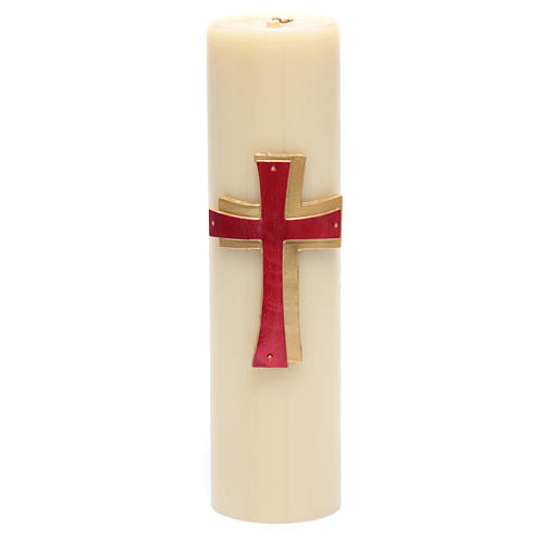Świeca ołtarzowa wosk pszczeli płaskorzeźba krzyż czerwony średnica 8 cm 1