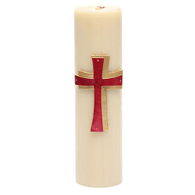 Velas e Círios: Vela de altar baixo-relevo cera de abelha cruz vermelha diâm. 8 cm