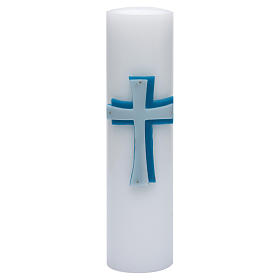 Kerzen: Altarkerze mit blauen Kreuzrelief 8cm Bienenwachs