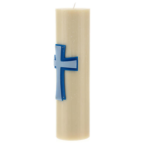 Cierge pour autel bas-relief cire abeille croix bleue diam 8 cm 3