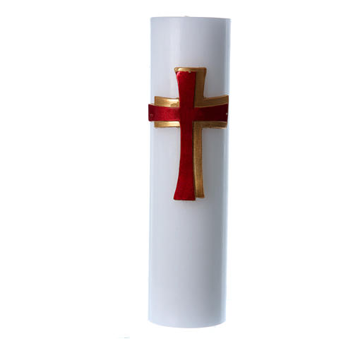 Altar candle with bas relief decoration in white wax with red cross, 8 cm diameter 1